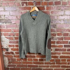 Polo by Ralph Lauren Olive Green V-Neck Sweater with Brown Elbow Patches